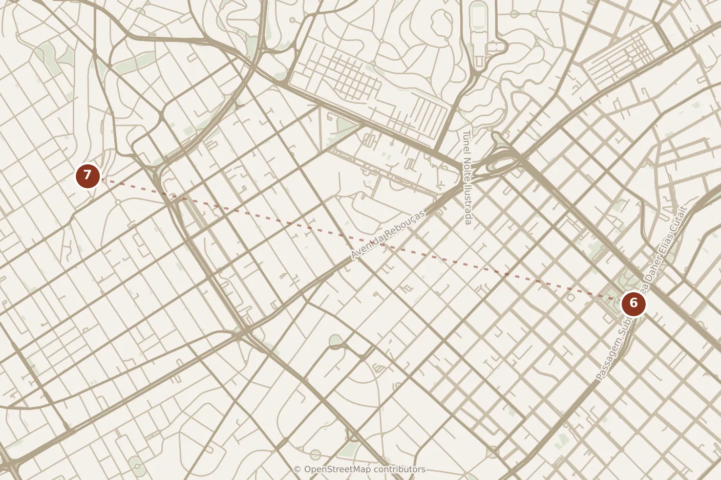 Map of São Paulo, evening: stop 7, numbered in walking order.