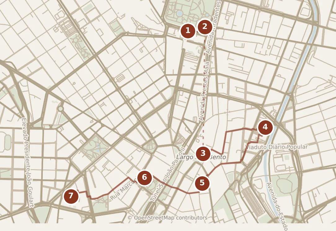 Map of São Paulo, morning and afternoon: stops 1–7, numbered in walking order.