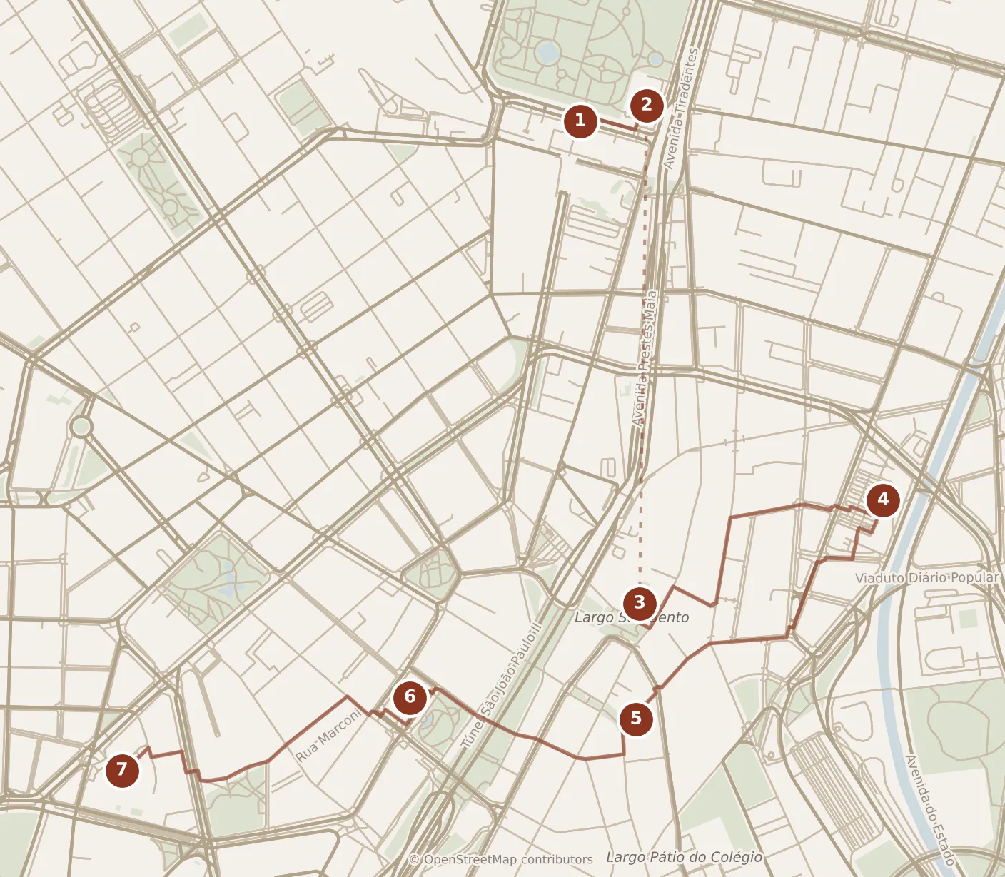 Map of São Paulo, morning and afternoon: stops 1–7, numbered in walking order.