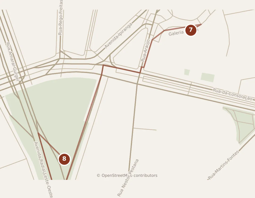 Map of São Paulo, evening: stop 8, numbered in walking order.