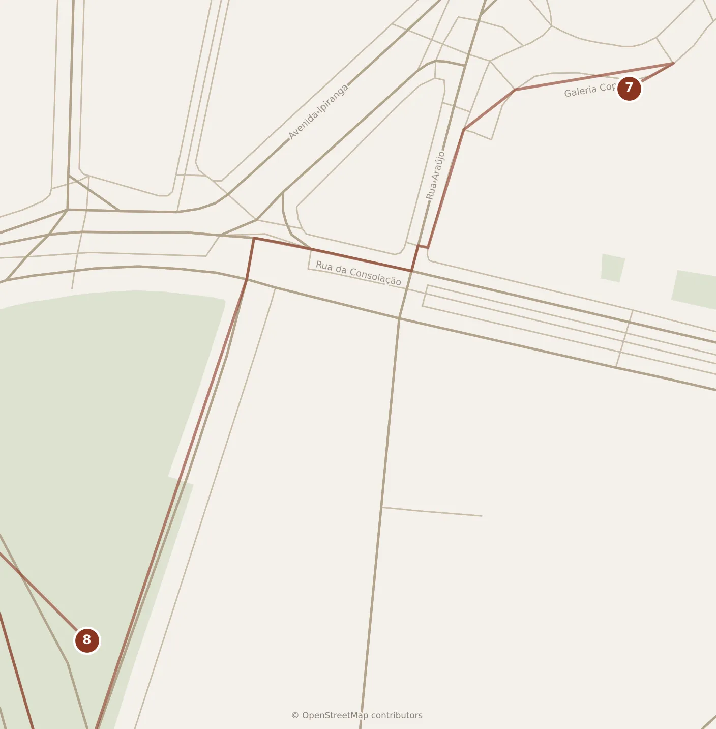 Map of São Paulo, evening: stop 8, numbered in walking order.
