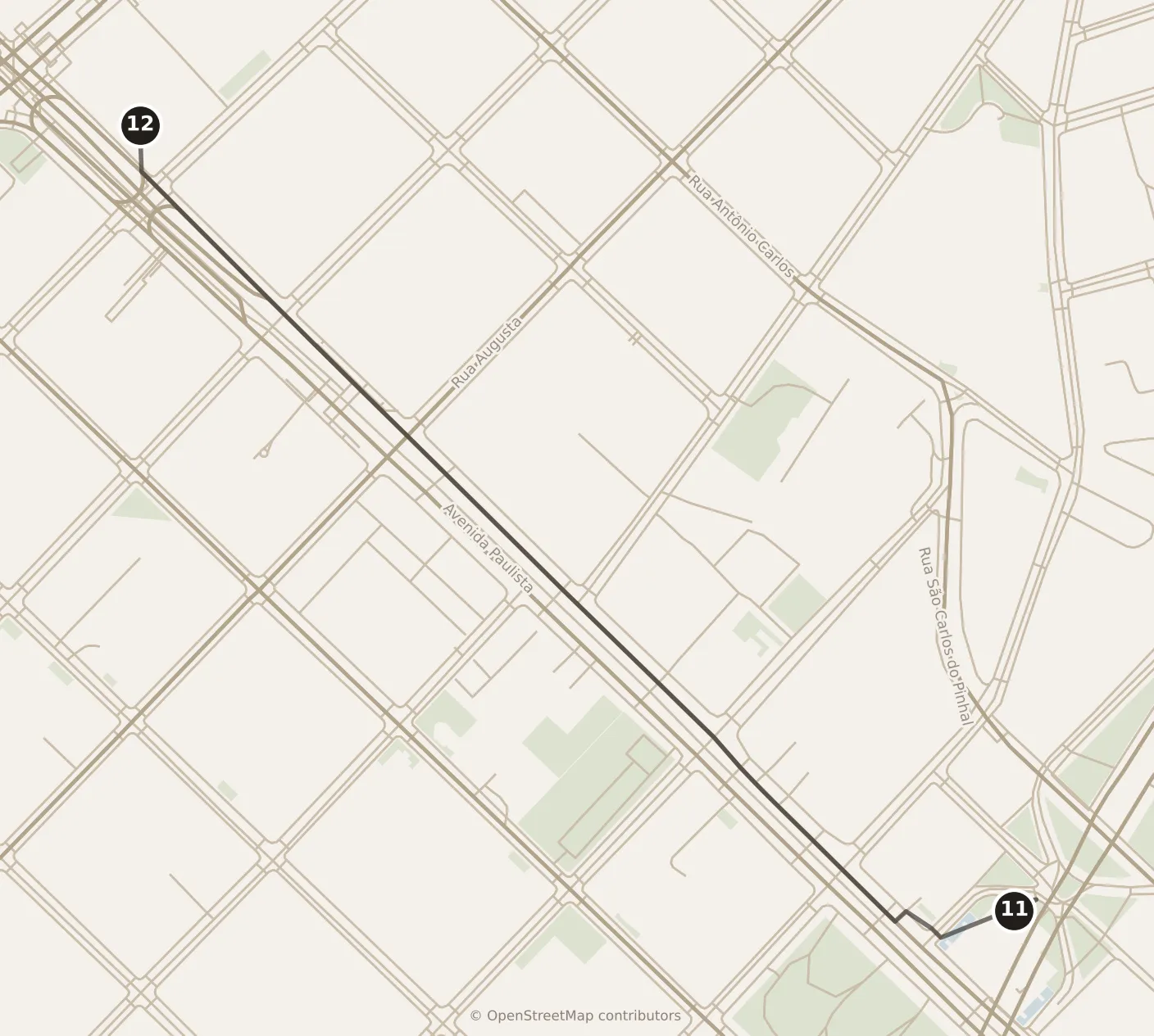 Map of São Paulo, afternoon: stops 11–12, numbered in walking order.