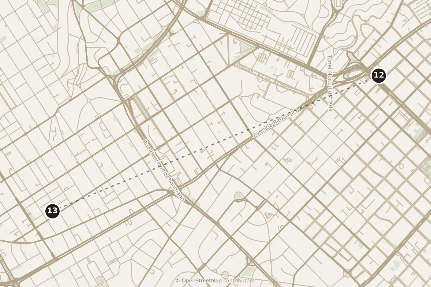 Map of São Paulo, evening: stop 13, numbered in walking order.