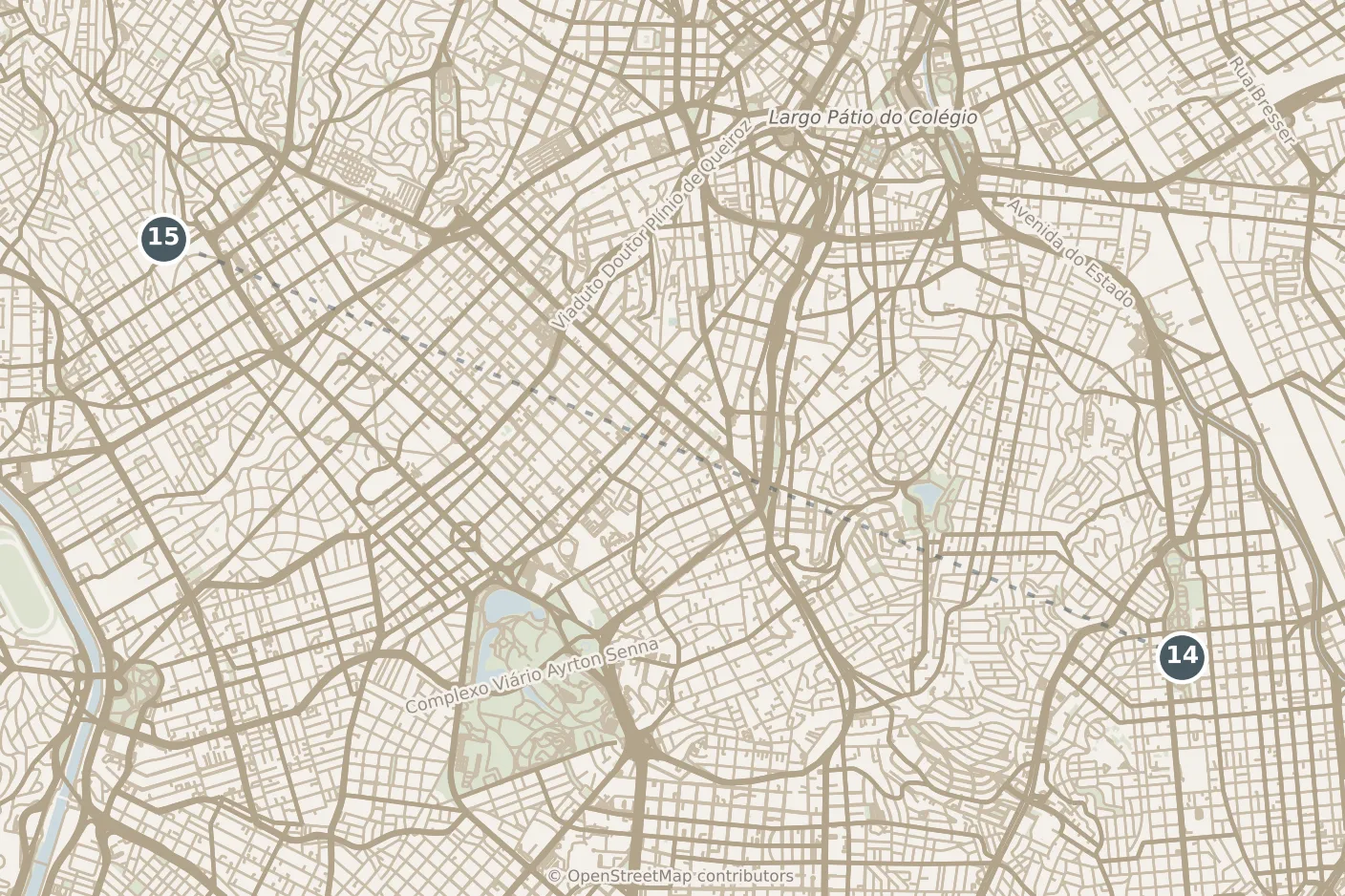 Map of São Paulo, with a third day: stops 14–15, numbered in walking order.