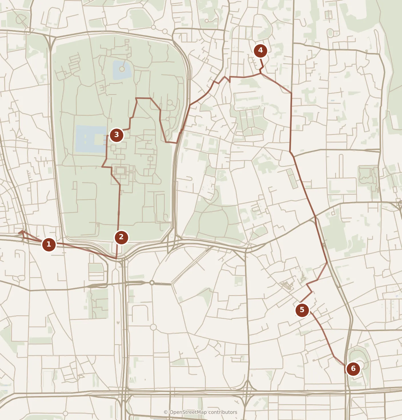 Map of Seoul, morning: stops 1–6, numbered in walking order.