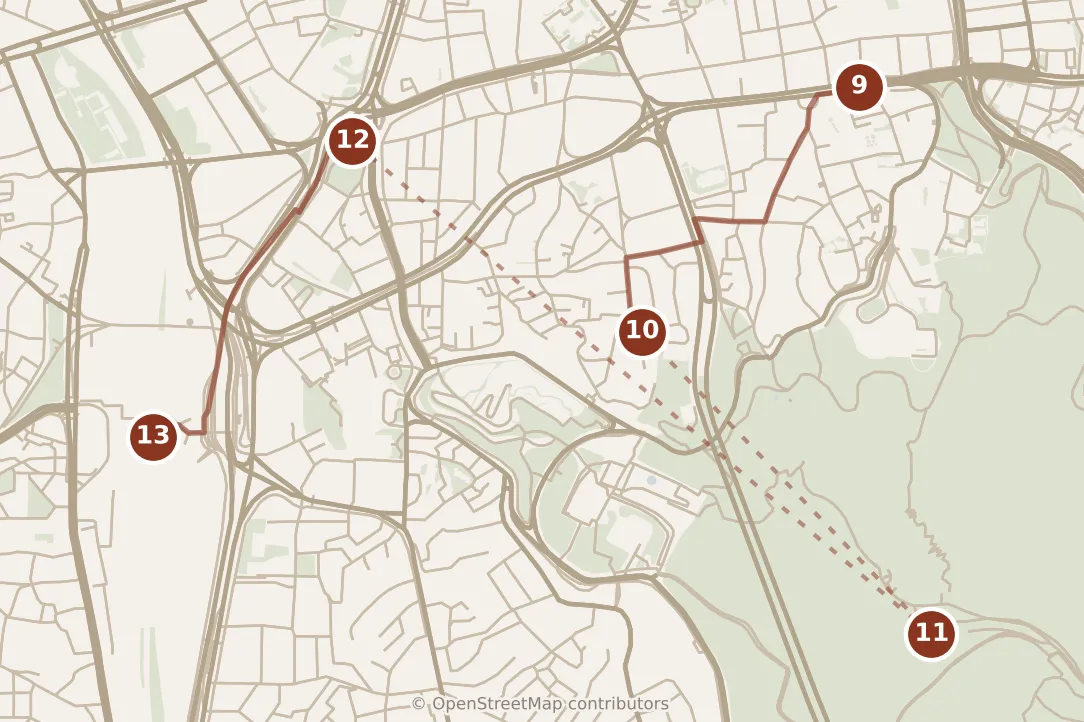 Map of Seoul, evening: stops 9–13, numbered in walking order.