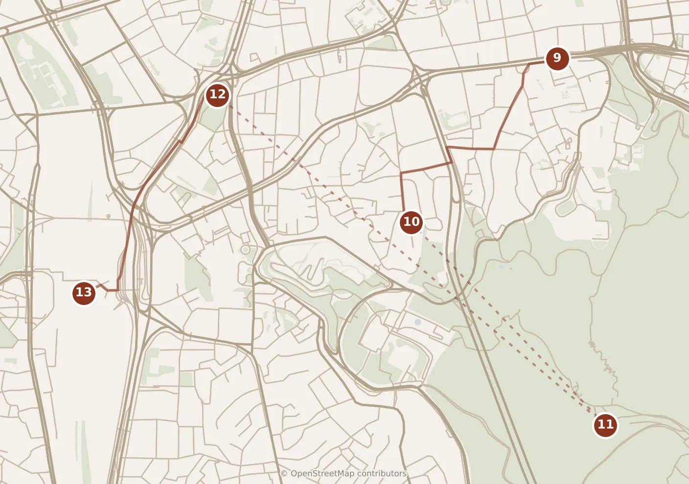 Map of Seoul, evening: stops 9–13, numbered in walking order.