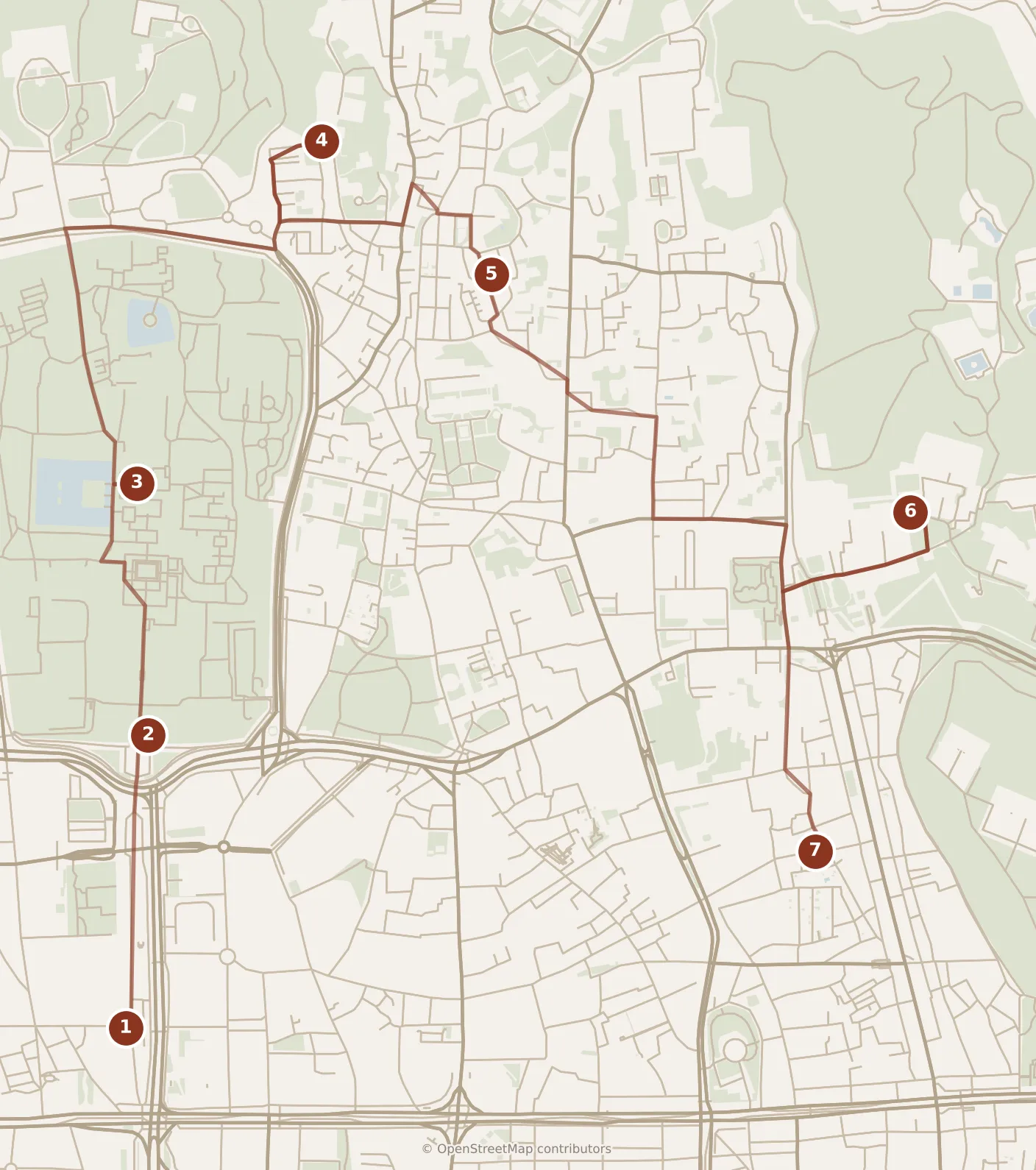 Map of Seoul, day one: stops 1–7, numbered in walking order.