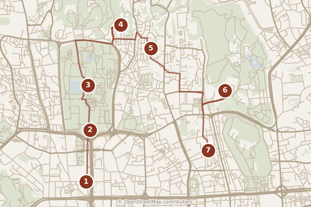 Map of Seoul, day one: stops 1–7, numbered in walking order.
