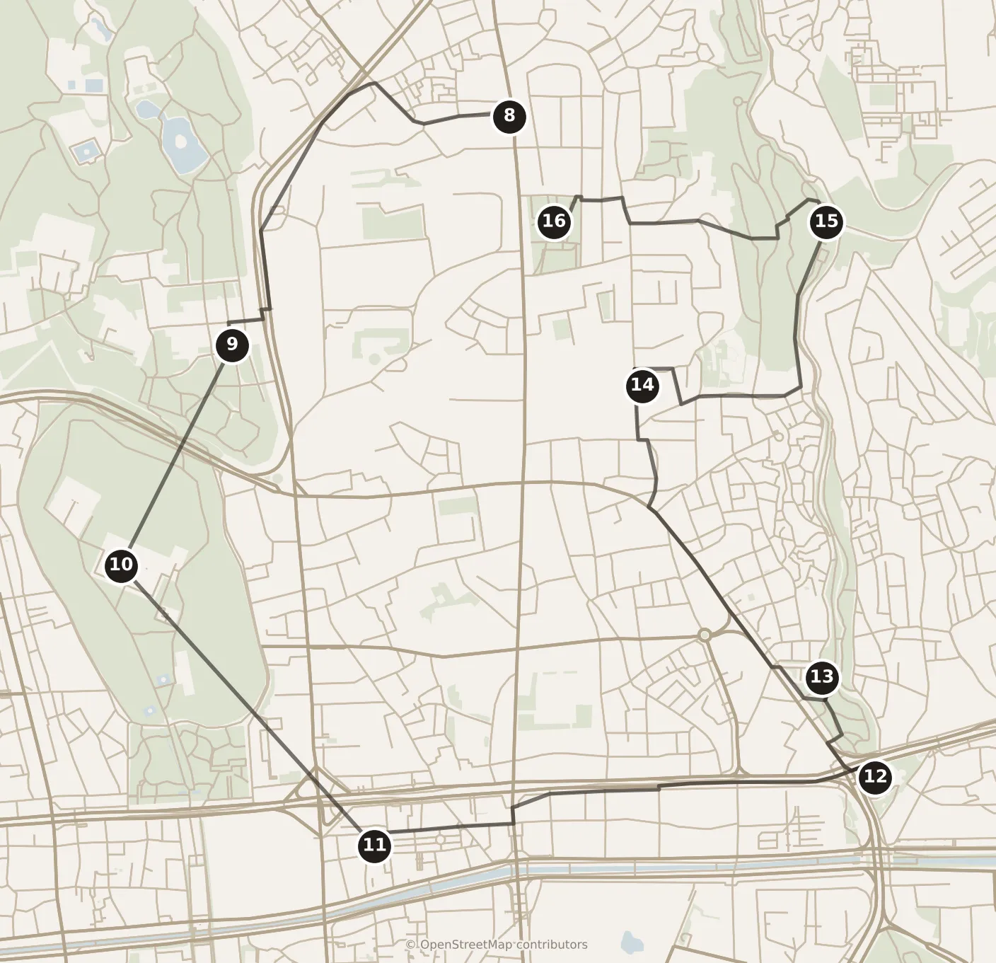 Map of Seoul, day two: stops 8–16, numbered in walking order.