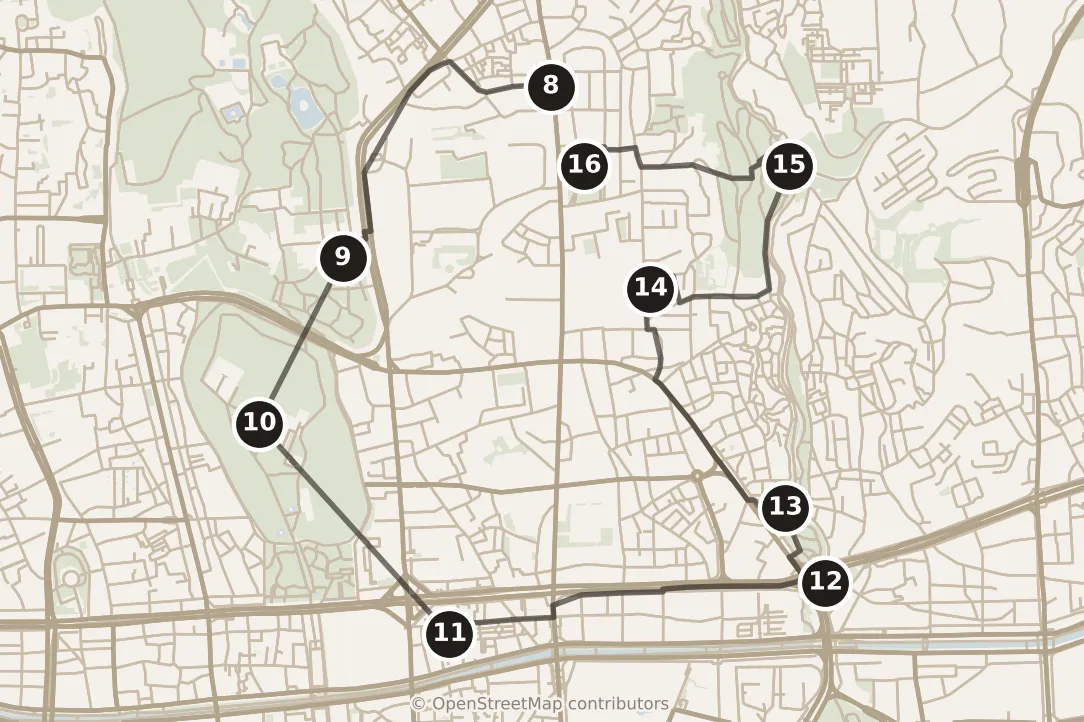 Map of Seoul, day two: stops 8–16, numbered in walking order.
