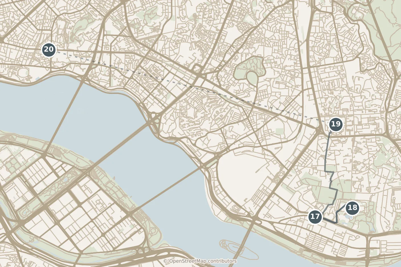 Map of Seoul, with a third day: stops 17–20, numbered in walking order.