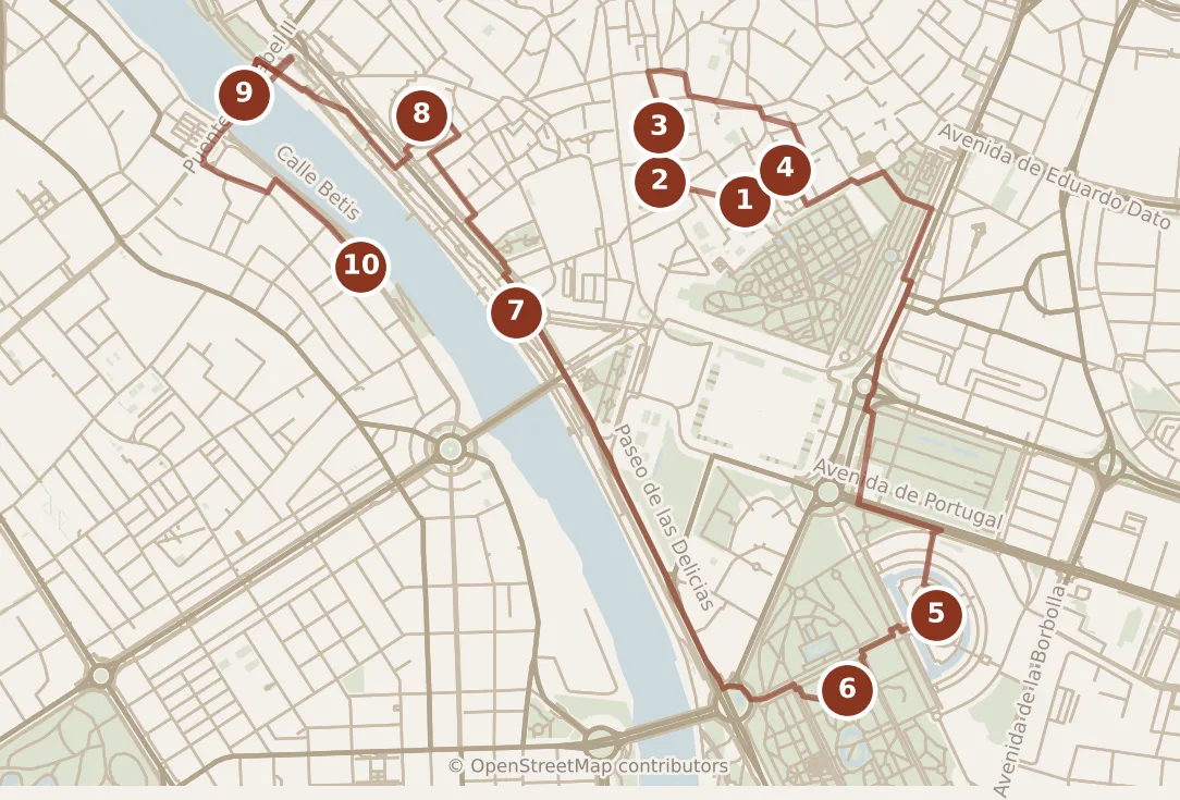 Map of Sevilla, the day: stops 1–10, numbered in walking order.