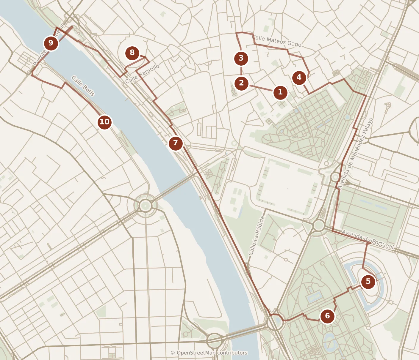 Map of Sevilla, the day: stops 1–10, numbered in walking order.