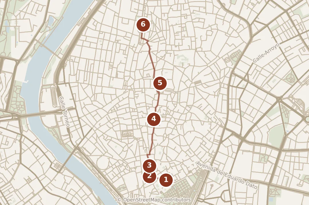 Map of Sevilla, day one: stops 1–6, numbered in walking order.