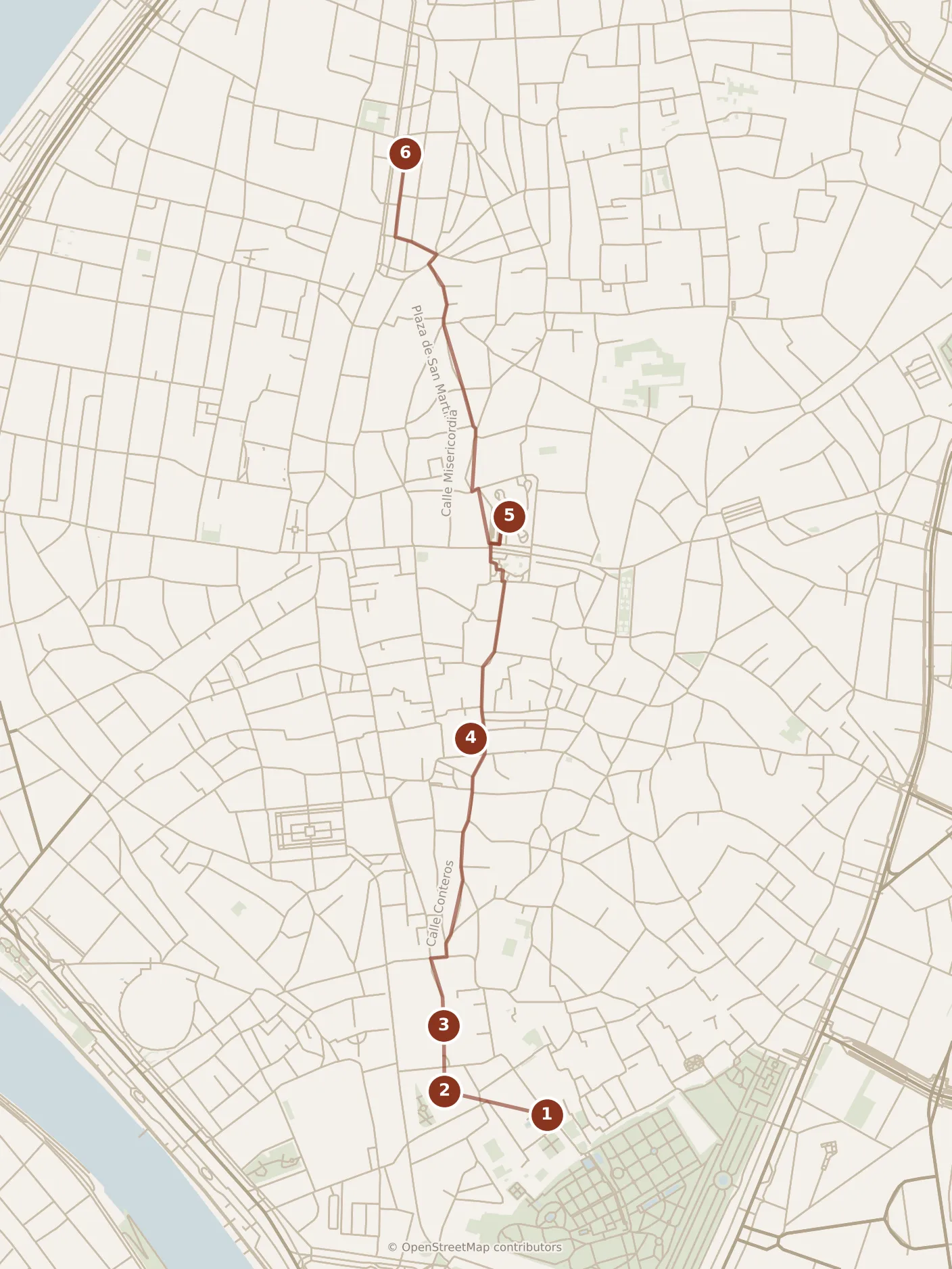 Map of Sevilla, day one: stops 1–6, numbered in walking order.