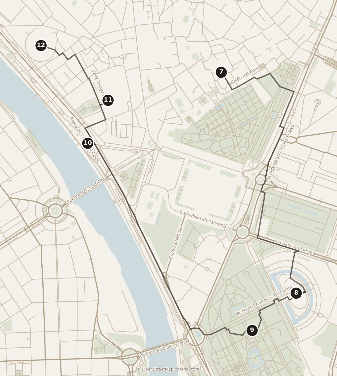 Map of Sevilla, morning and afternoon: stops 7–12, numbered in walking order.