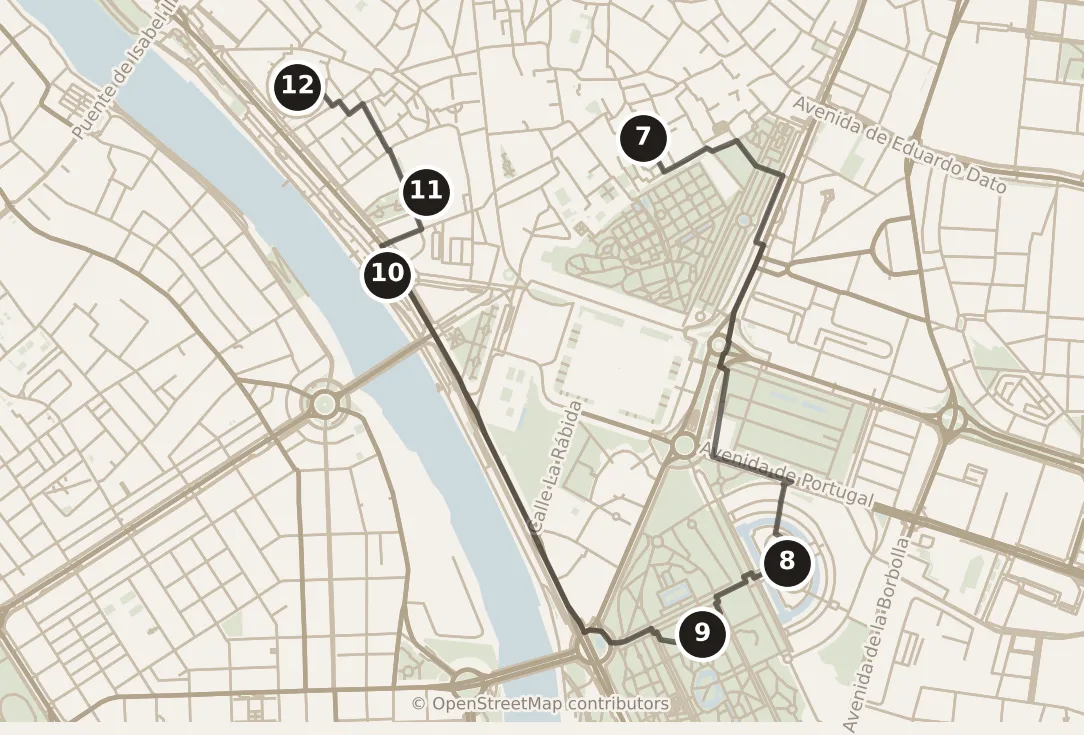 Map of Sevilla, morning and afternoon: stops 7–12, numbered in walking order.