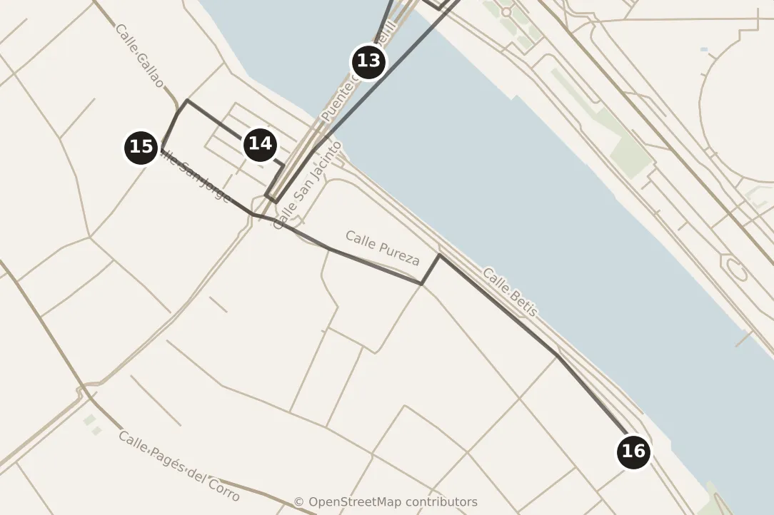 Map of Sevilla, evening: stops 13–16, numbered in walking order.