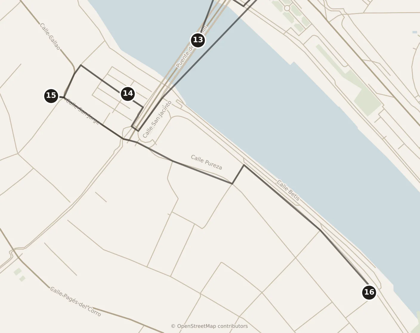 Map of Sevilla, evening: stops 13–16, numbered in walking order.