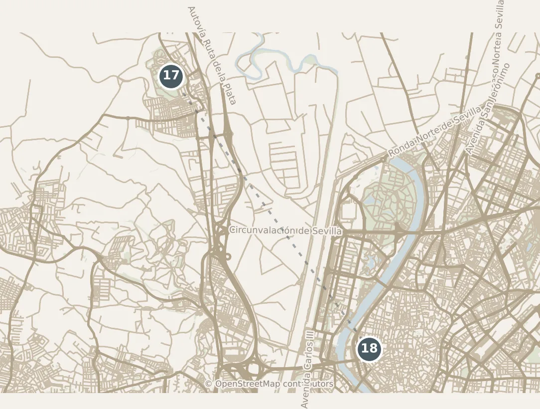 Map of Sevilla, with a third day: stops 17–18, numbered in walking order.