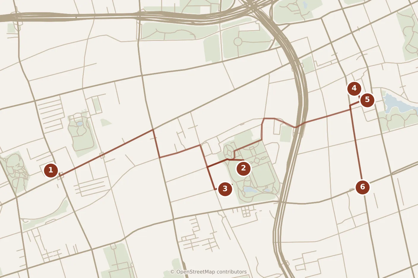Map of Shanghai, morning: stops 1–6, numbered in walking order.