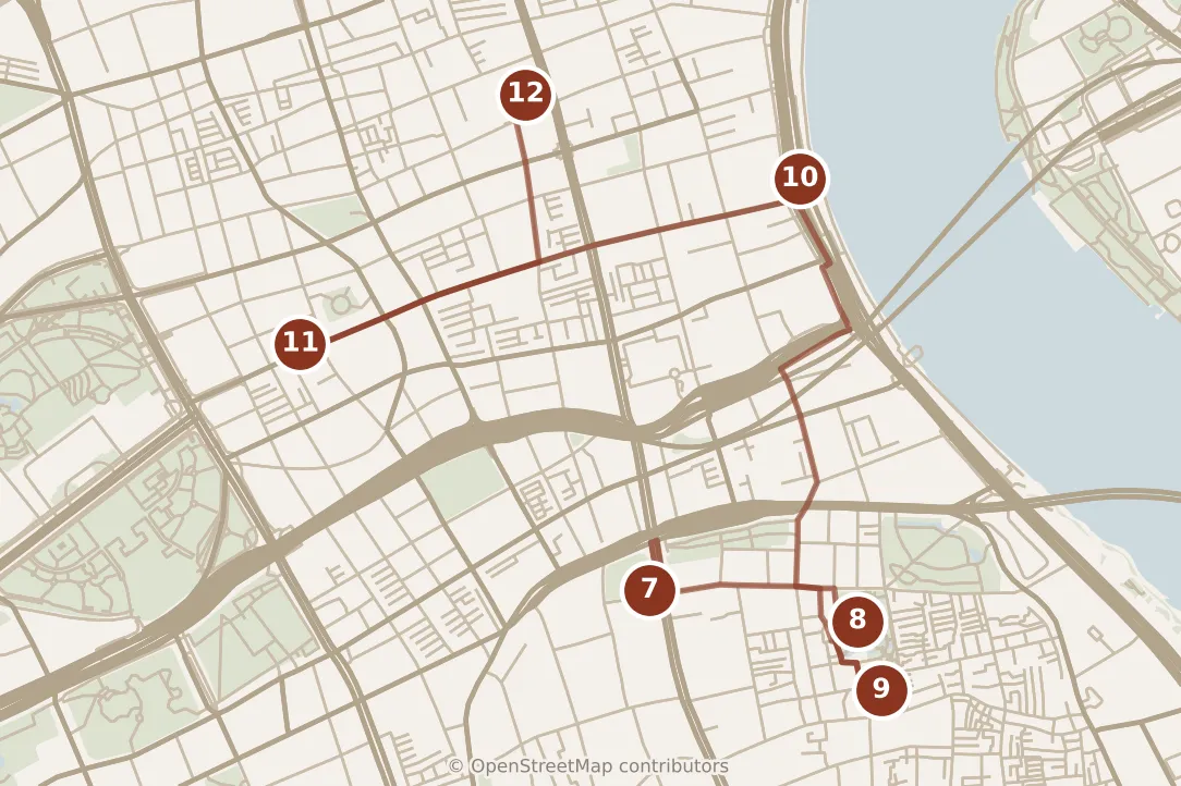 Map of Shanghai, afternoon and evening: stops 7–12, numbered in walking order.