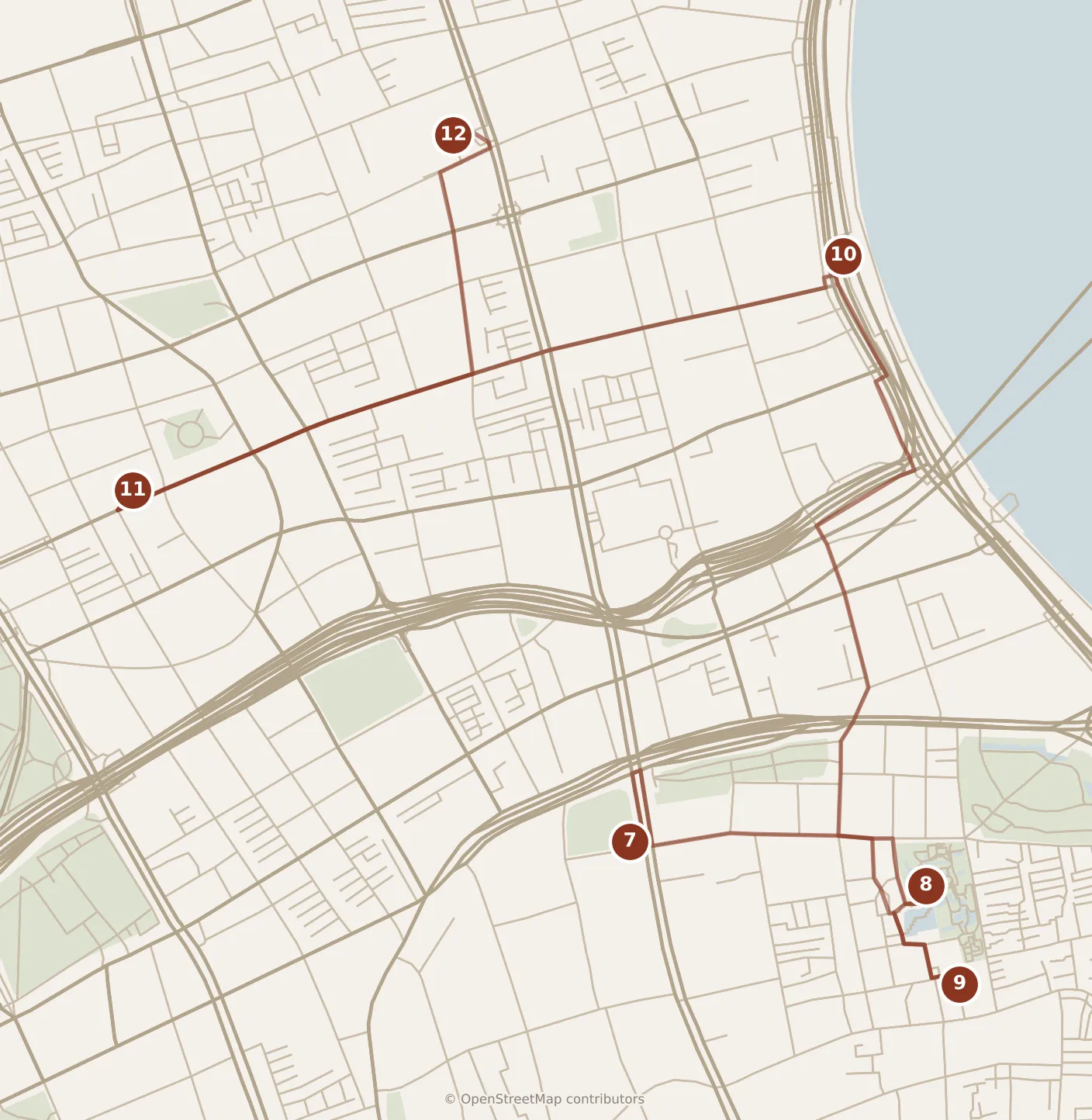 Map of Shanghai, afternoon and evening: stops 7–12, numbered in walking order.