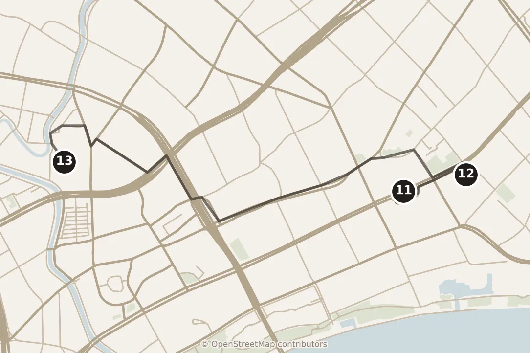 Map of Shanghai, afternoon and evening: stops 11–13, numbered in walking order.