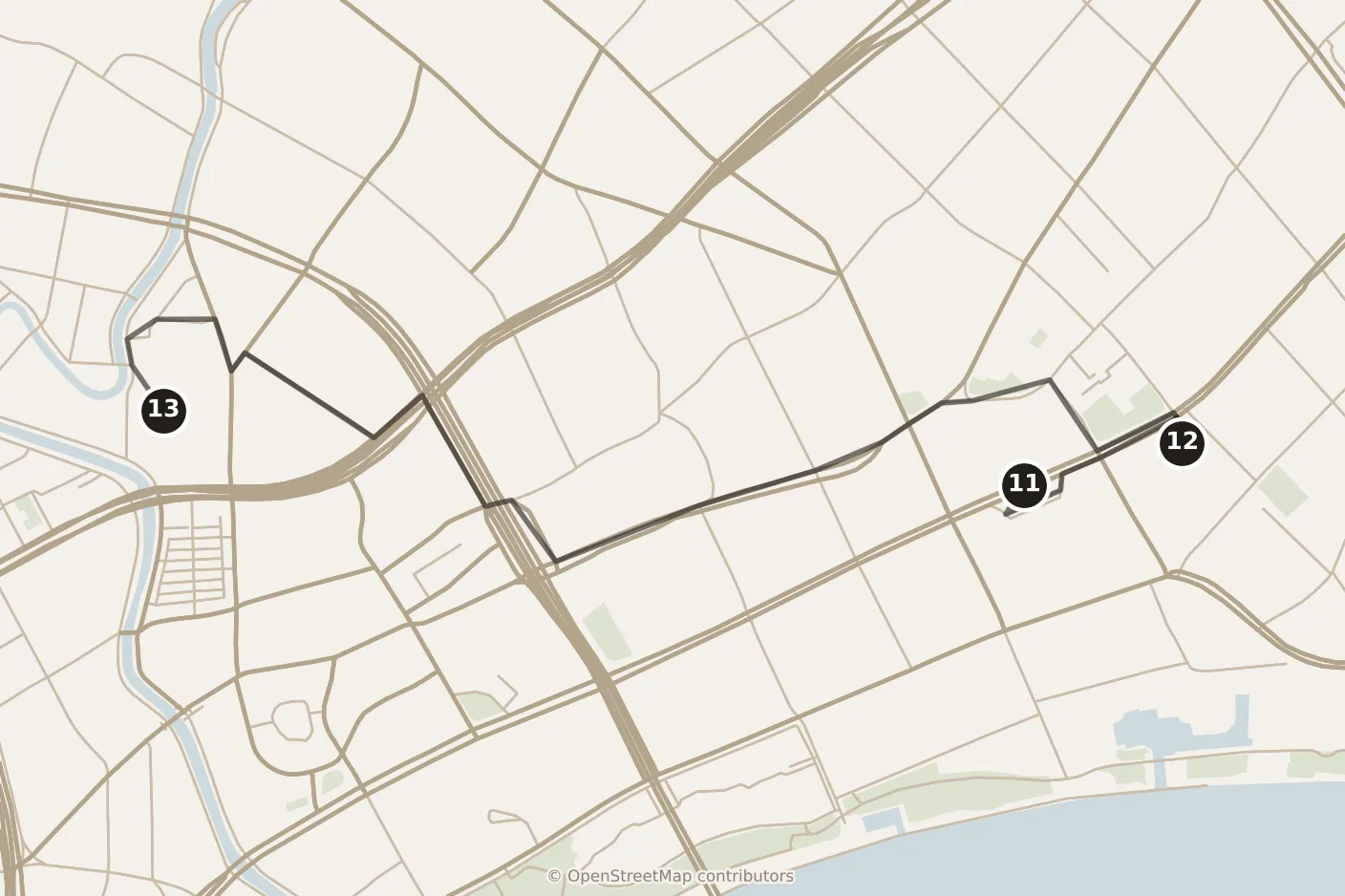 Map of Shanghai, afternoon and evening: stops 11–13, numbered in walking order.