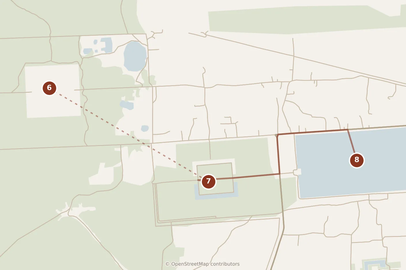 Map of Siem Reap, afternoon: stops 6–8, numbered in walking order.
