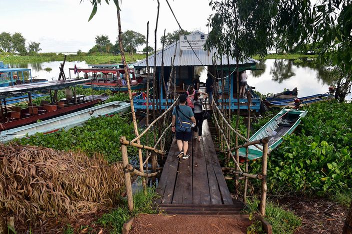 A wooden footbridge leads down to a cluster of long, canopied wooden boats moored among water hyacinth on the Tonlé Sap near Kampong Khleang, with tourists walking toward the boats.