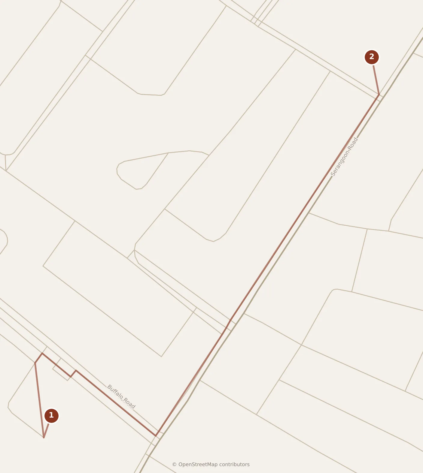 Map of Singapore, morning: stops 1–2, numbered in walking order.