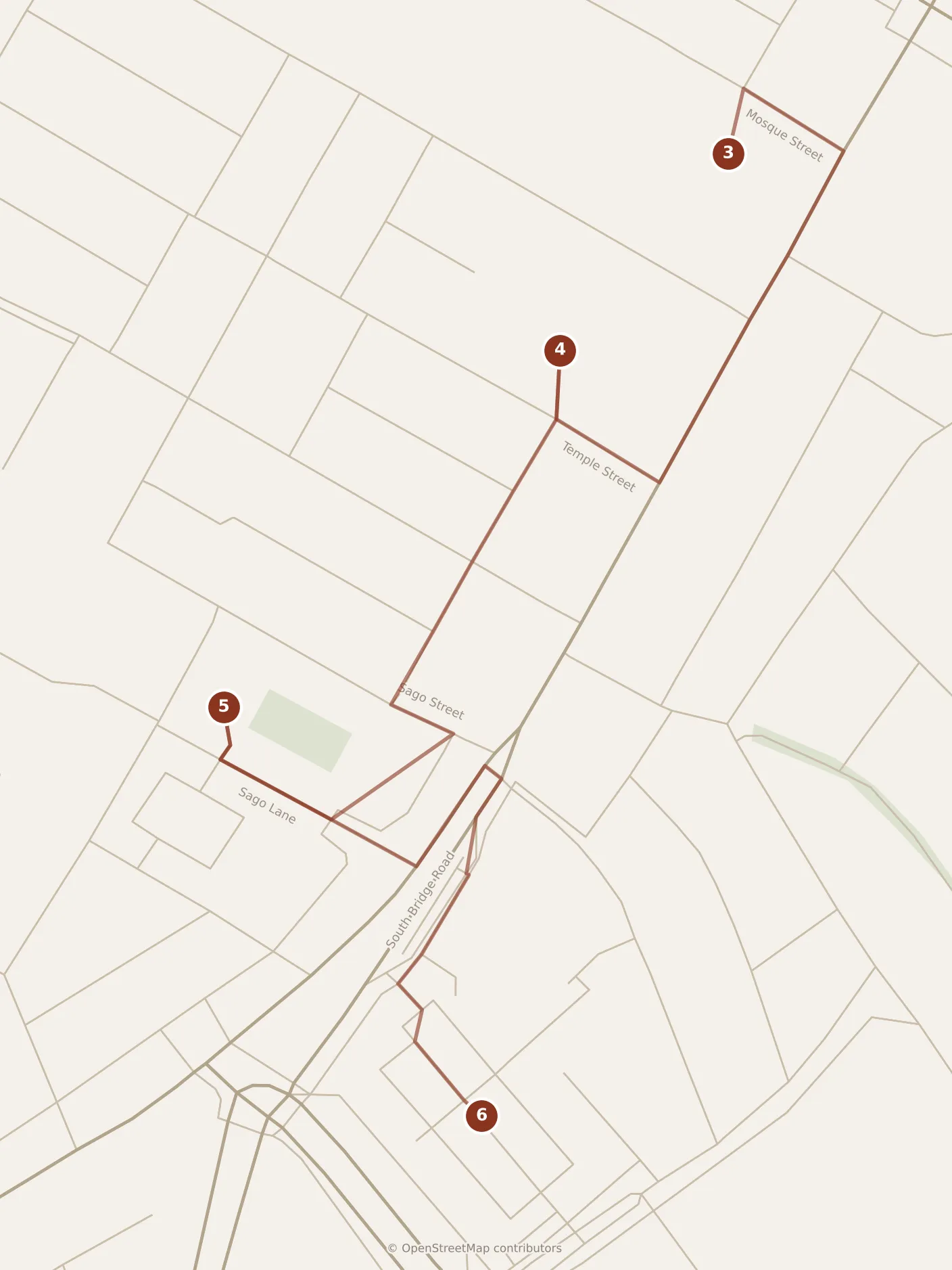 Map of Singapore, morning: stops 3–6, numbered in walking order.