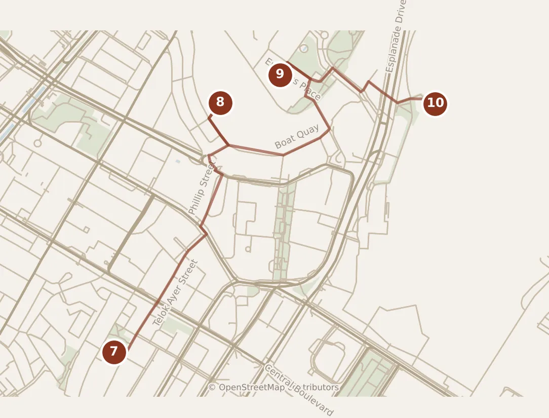 Map of Singapore, afternoon: stops 7–10, numbered in walking order.