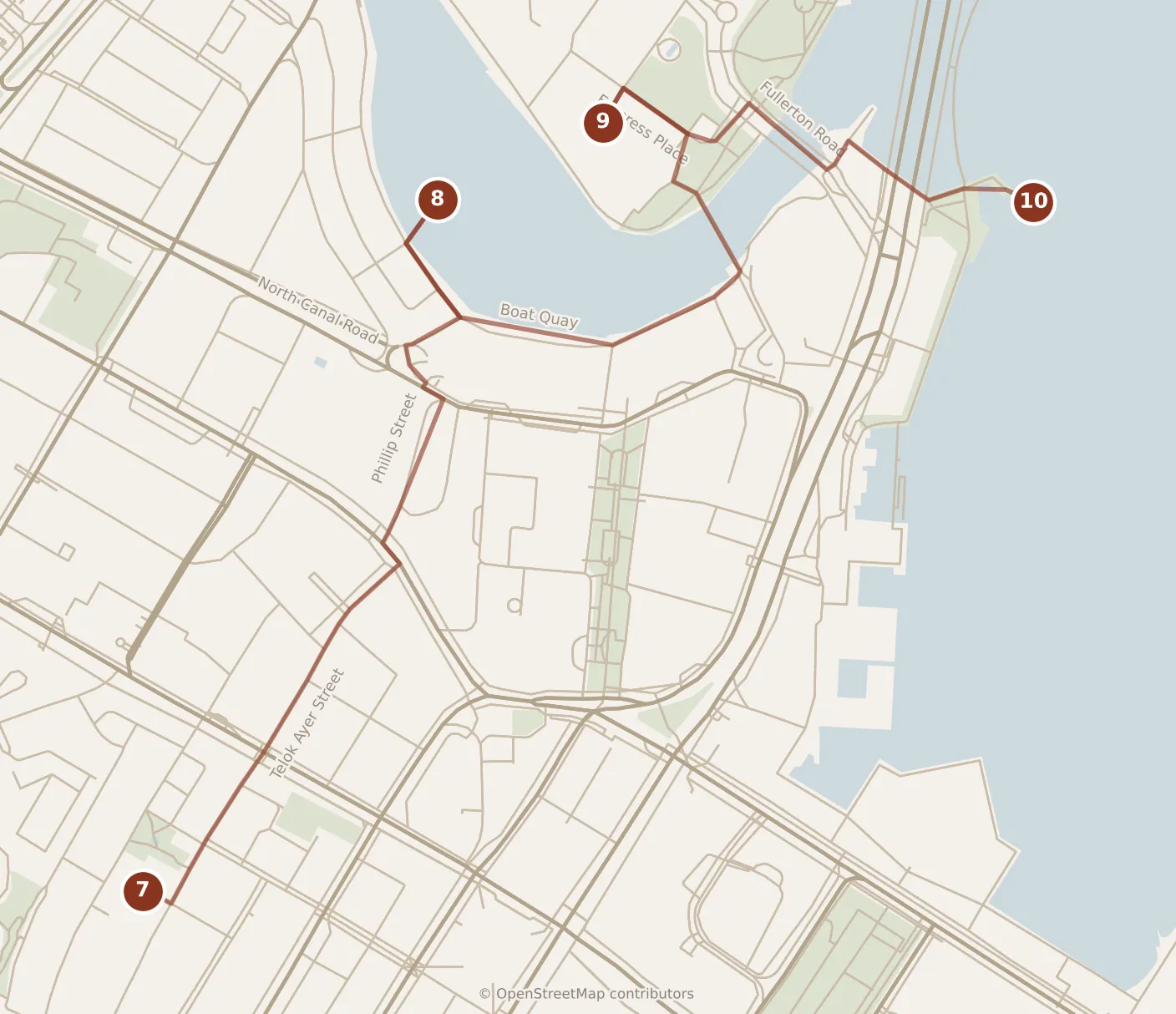 Map of Singapore, afternoon: stops 7–10, numbered in walking order.