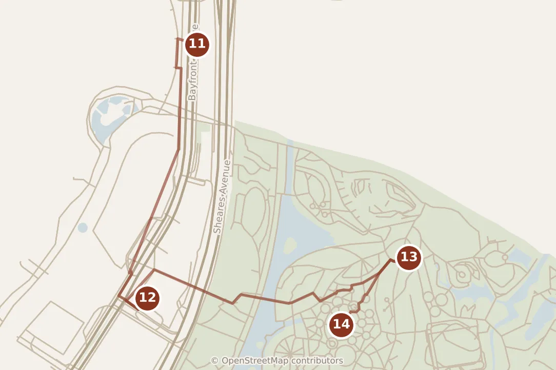 Map of Singapore, evening: stops 11–14, numbered in walking order.