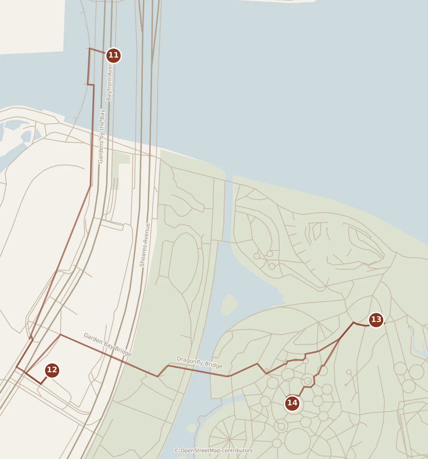 Map of Singapore, evening: stops 11–14, numbered in walking order.
