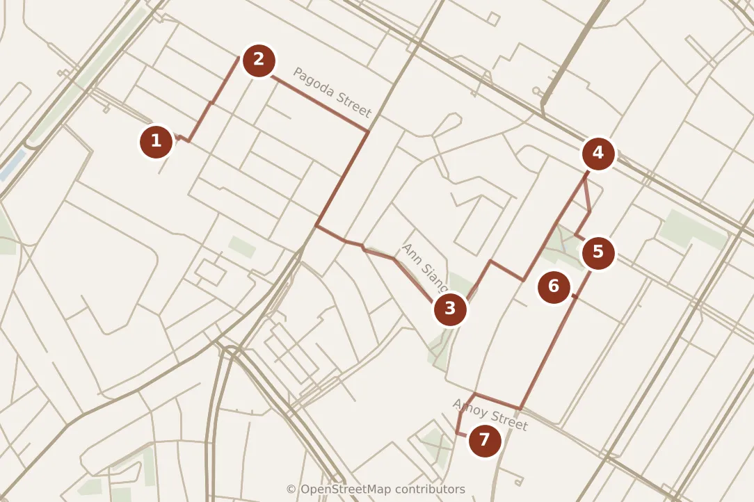 Map of Singapore, morning: stops 1–7, numbered in walking order.