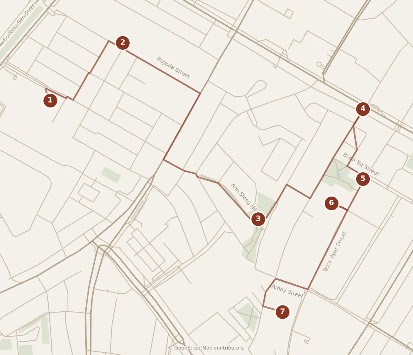 Map of Singapore, morning: stops 1–7, numbered in walking order.