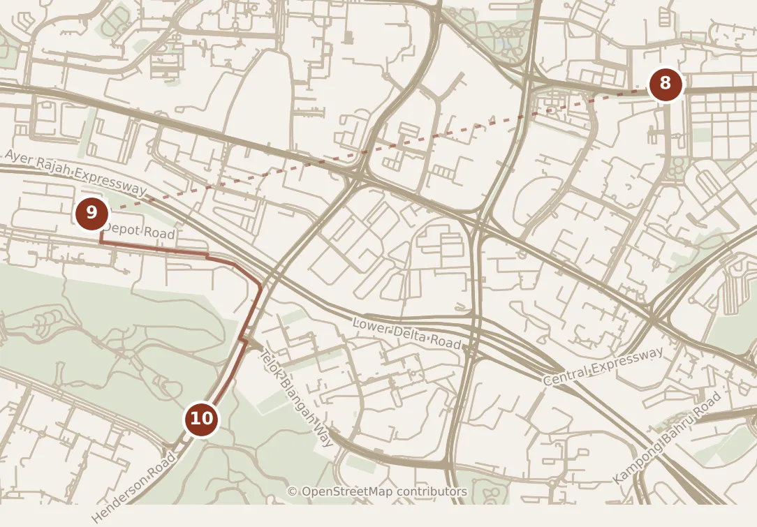 Map of Singapore, afternoon: stops 8–10, numbered in walking order.