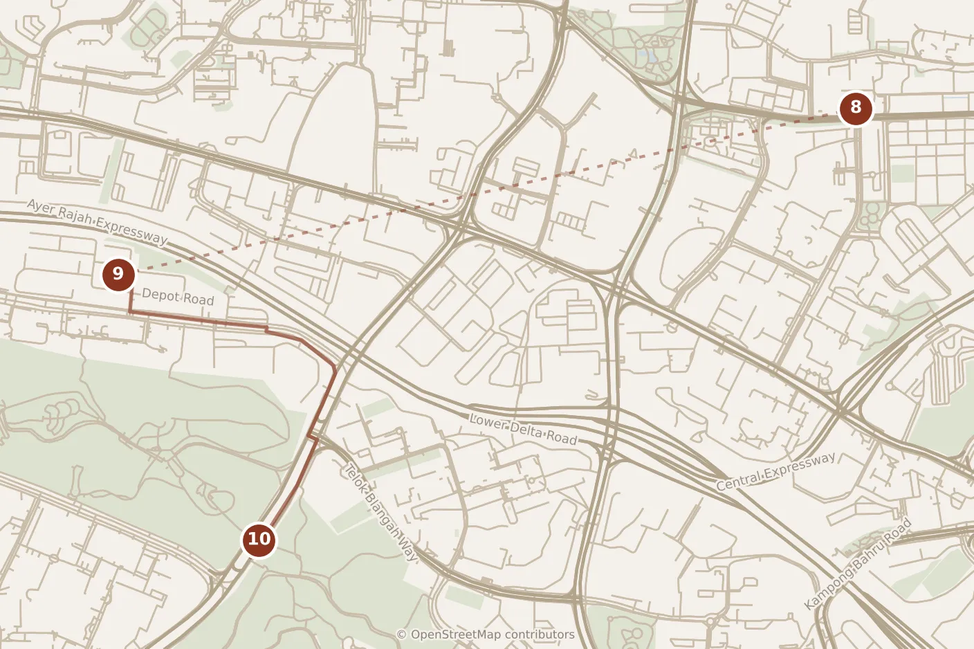 Map of Singapore, afternoon: stops 8–10, numbered in walking order.