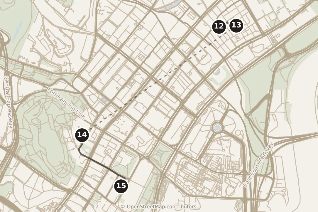 Map of Singapore, morning and afternoon: stops 12–15, numbered in walking order.