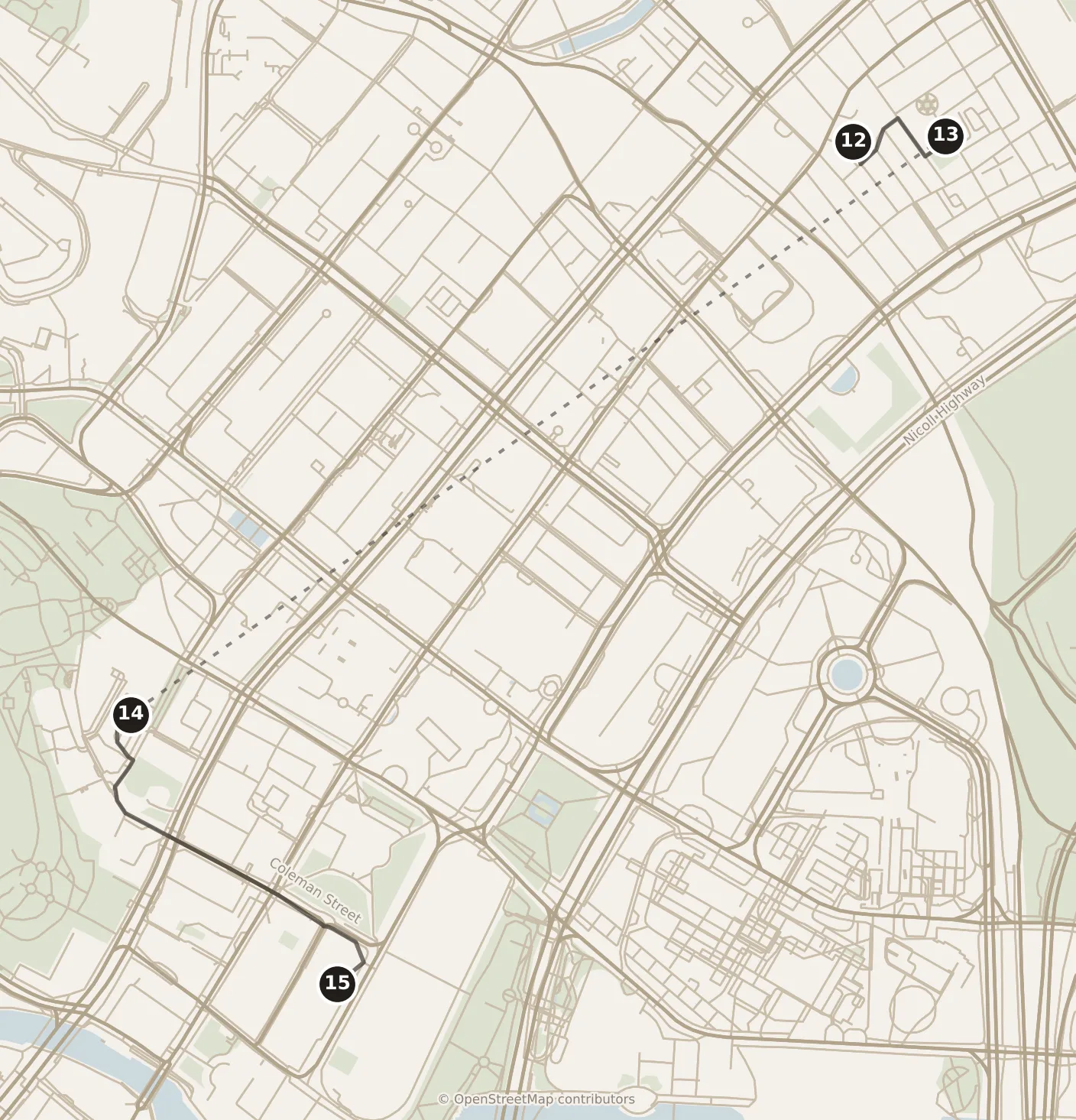 Map of Singapore, morning and afternoon: stops 12–15, numbered in walking order.