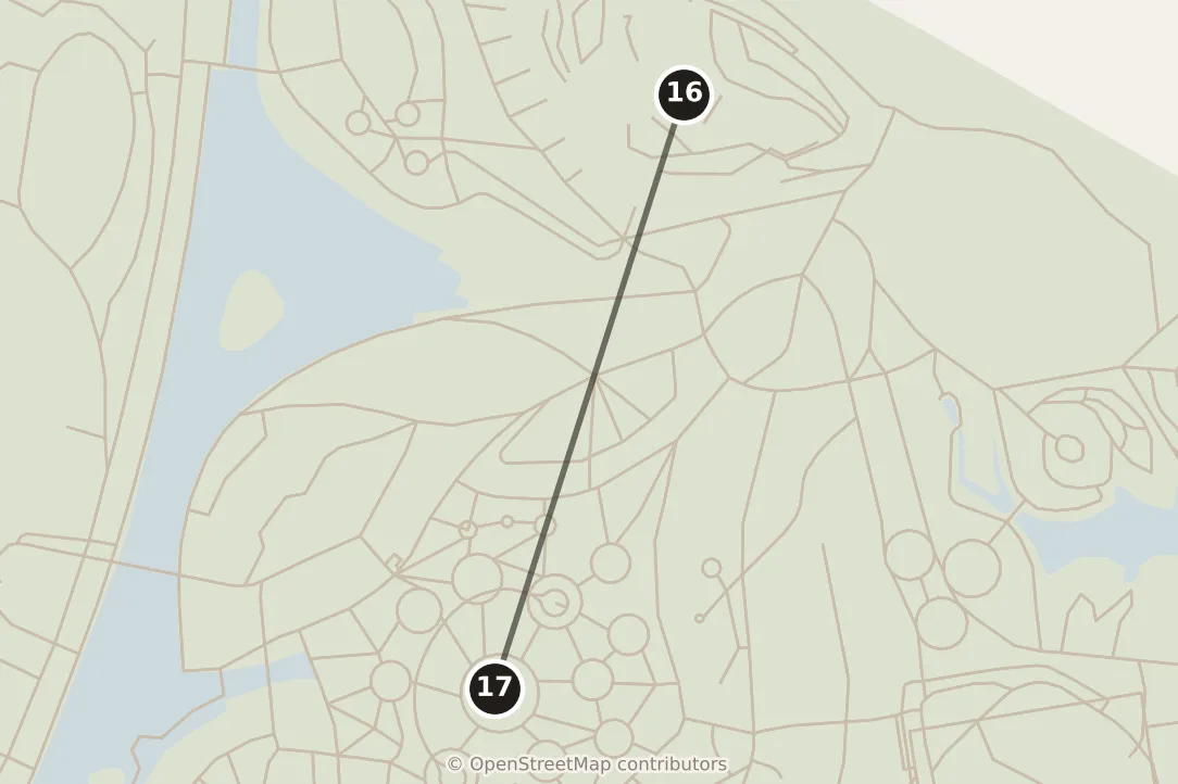 Map of Singapore, evening: stops 16–17, numbered in walking order.