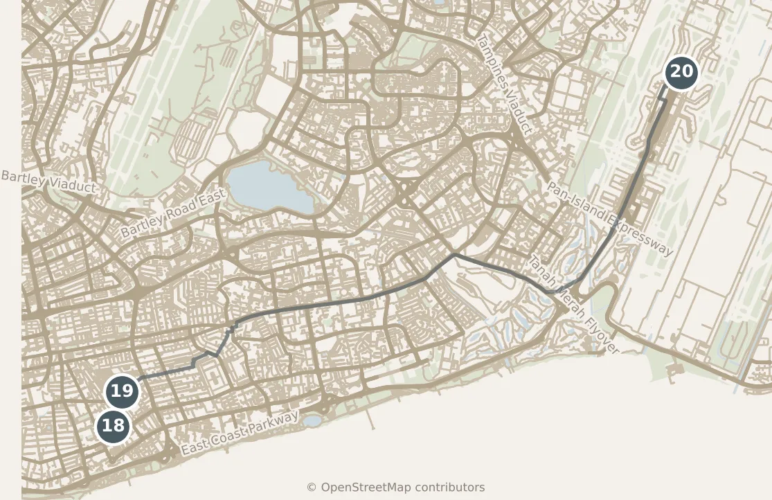 Map of Singapore, with a third day: stops 18–20, numbered in walking order.