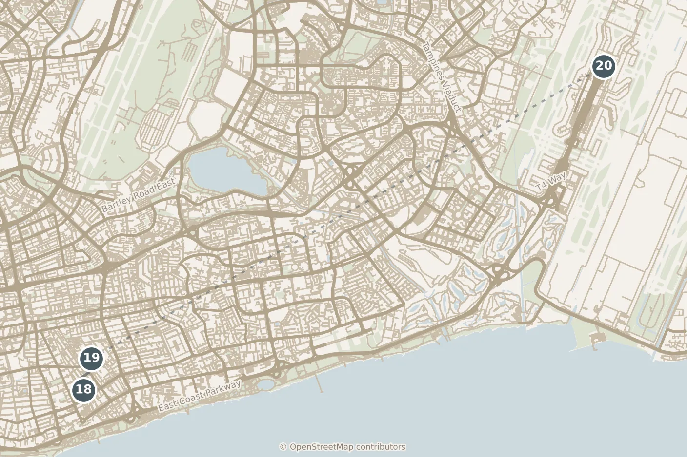 Map of Singapore, with a third day: stops 18–20, numbered in walking order.