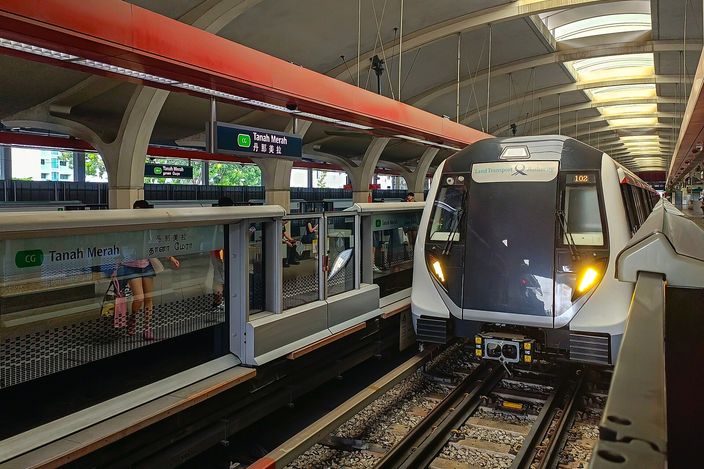 An MRT train pulls into Tanah Merah station on the East-West Line, platform-edge screen doors and a bilingual 'Tanah Merah' sign visible under the curved station roof
