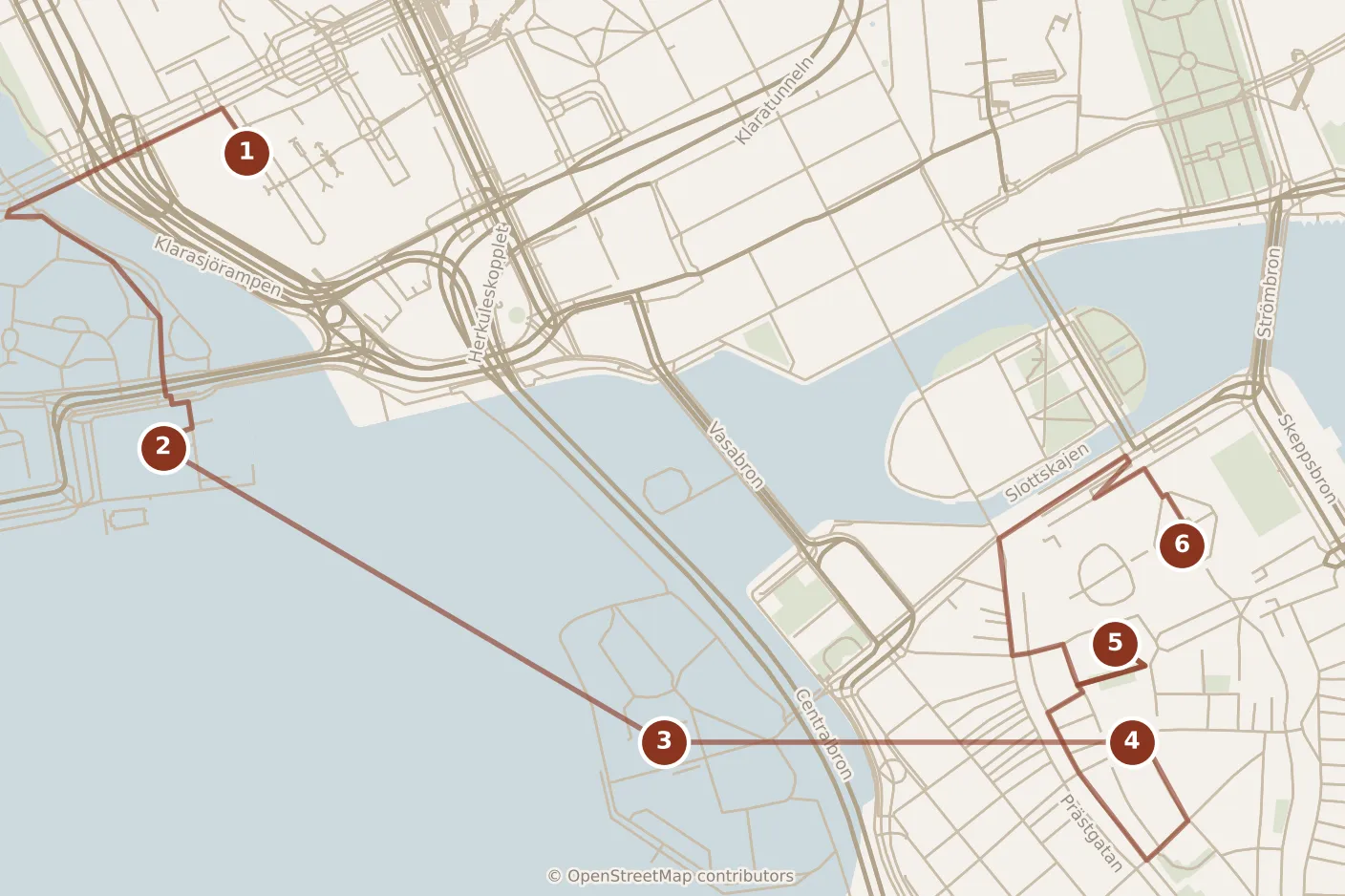 Map of Stockholm, morning: stops 1–6, numbered in walking order.