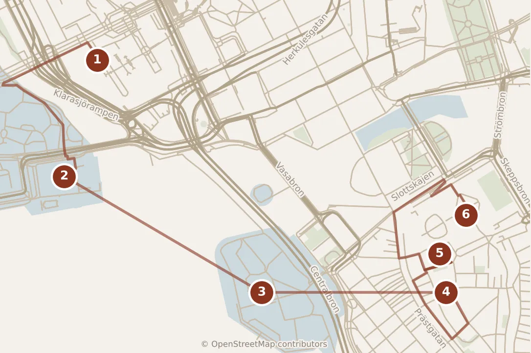 Map of Stockholm, morning: stops 1–6, numbered in walking order.